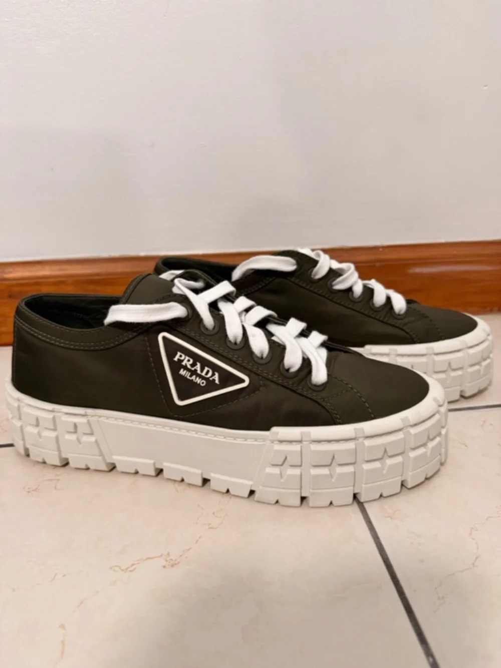 Prada Double Wheel Platform Nylon Sneakers in Olive - Picture 2 of 6